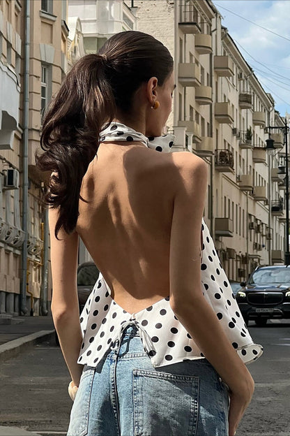 Polka Dot Satin Bow Tie Backless Cami Crop Top