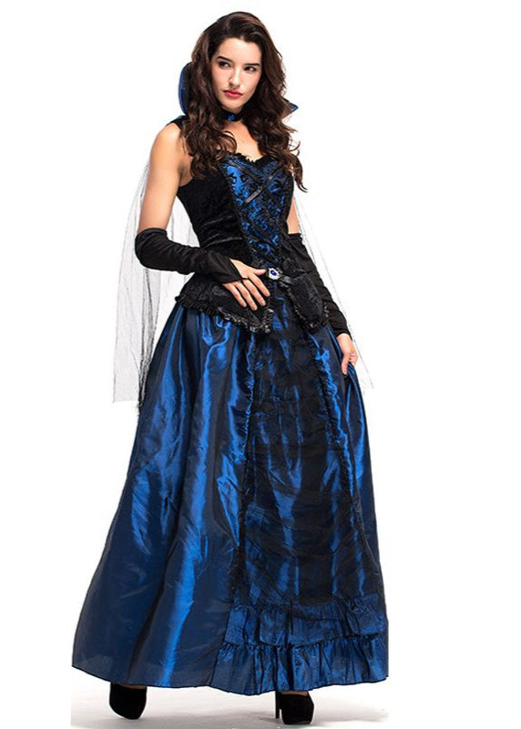 Midnight Duchess - Women’s Blue and Black Vampire Costume Gown with High Collar
