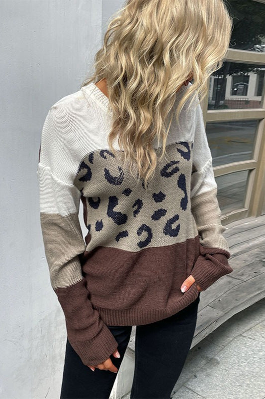 Casual Leopard Contrast Sleeve Sweater