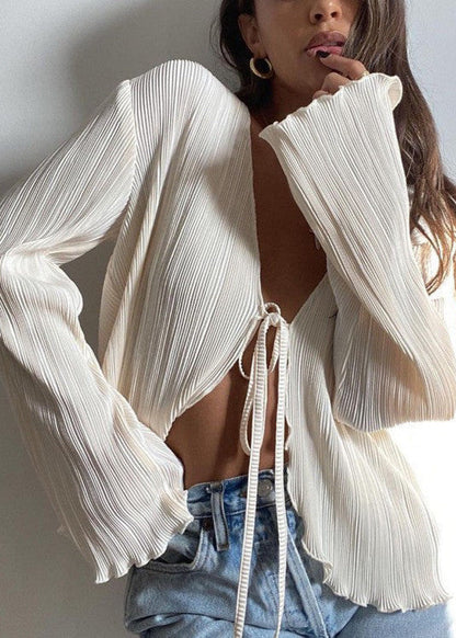 Drape Tie Front Blouse - Lightweight Pleated Long Sleeve Top