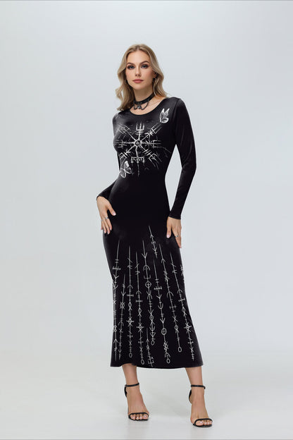 Fashionable Digital Print Long Sleeve Dark Style Maxi Dress