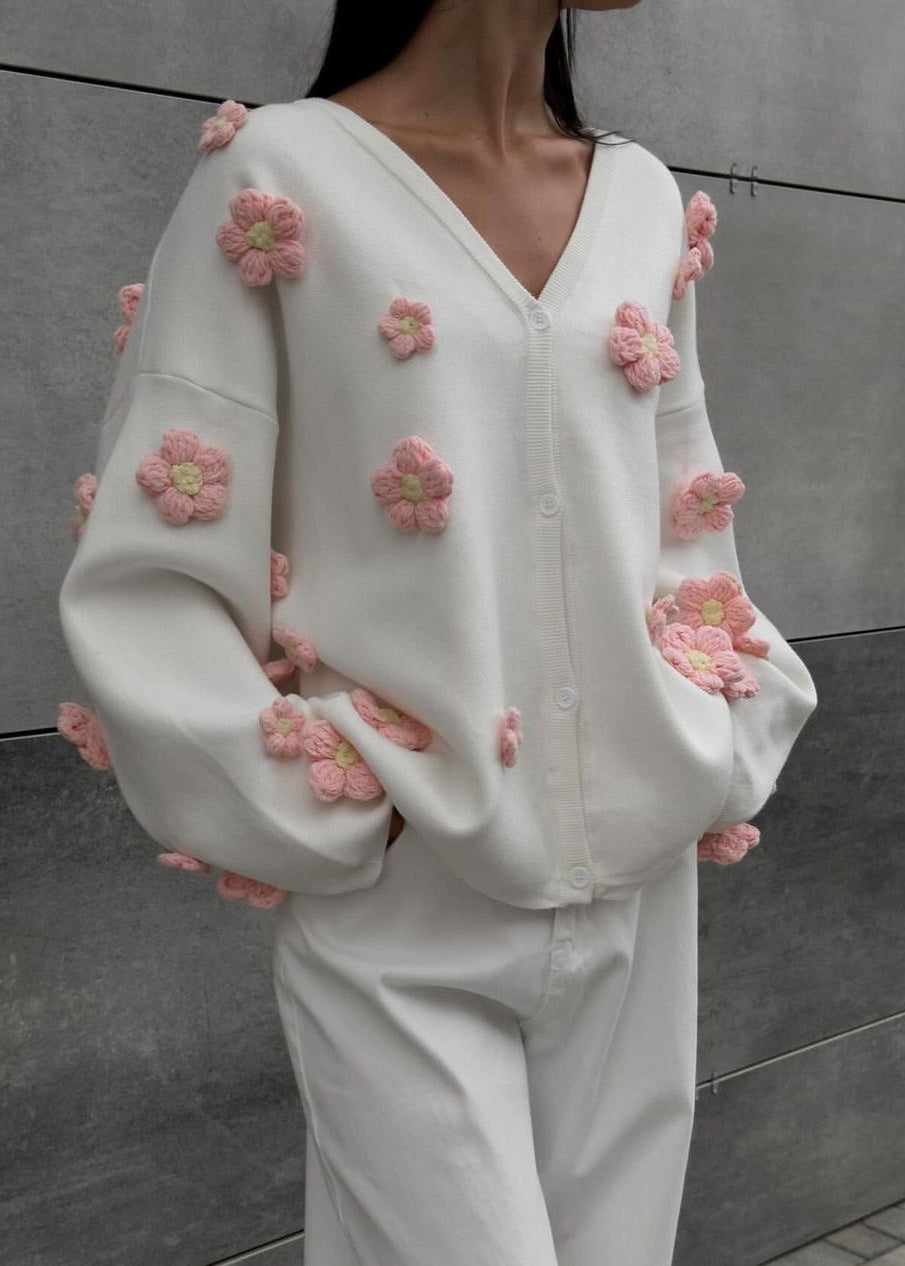 Blush Bloom - 3D Floral Knit Cardigan with V-Neck