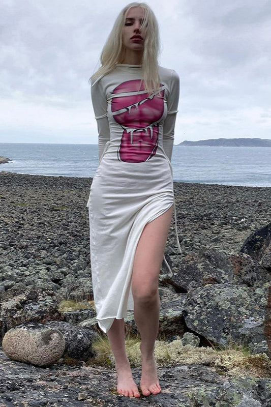 Abstract Print Side Tie Long Sleeve Maxi Dress