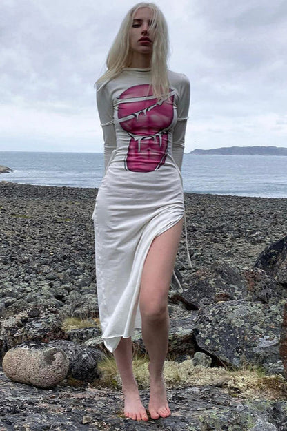 Abstract Print Side Tie Long Sleeve Maxi Dress