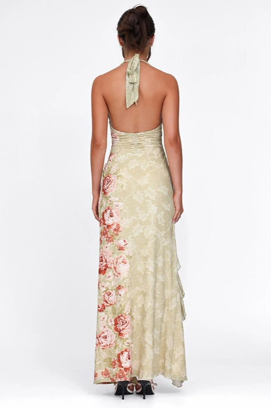Floral Print Halter Backless Ruffle Maxi Dress
