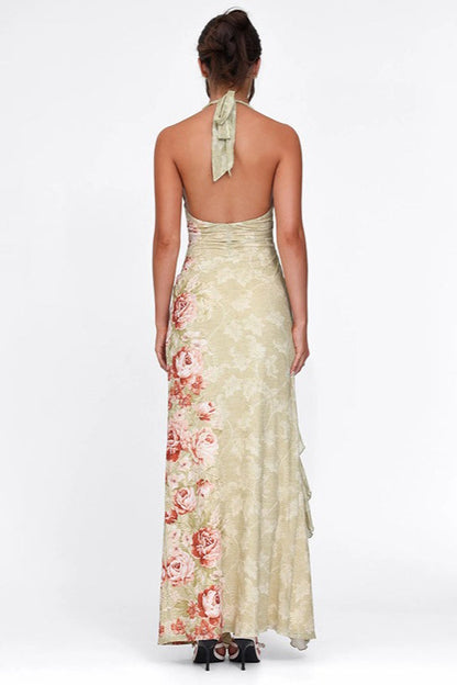 Floral Print Halter Backless Ruffle Maxi Dress