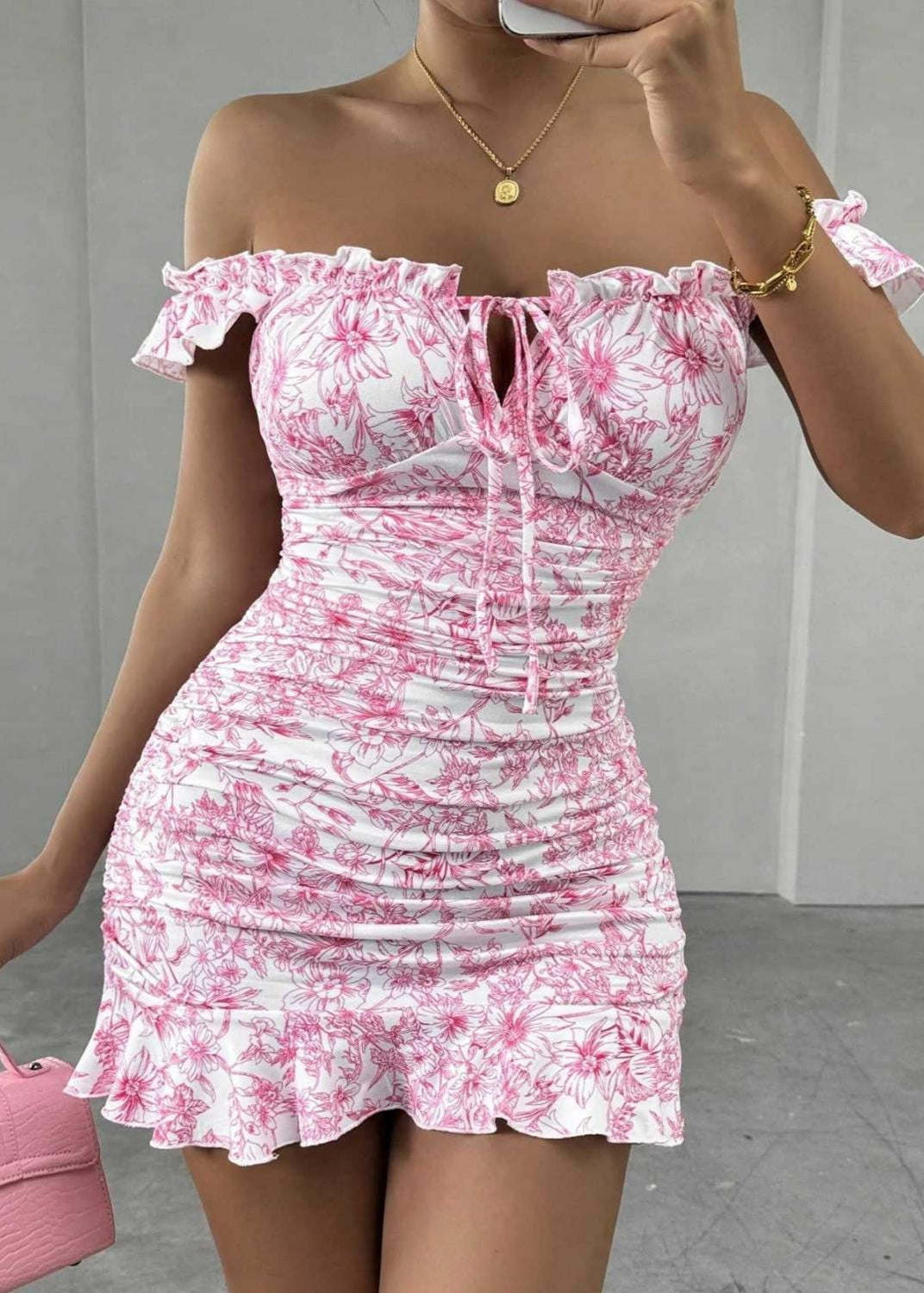 Blossom Ruffle-Trim Floral Mini Dress – Ruched Off-Shoulder Fit