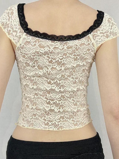 White Y2k V Neck Short Sleeve Tee with Colour Block Lace