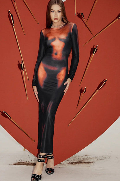 Sexy 3D Body Print Long Sleeve Maxi Dress