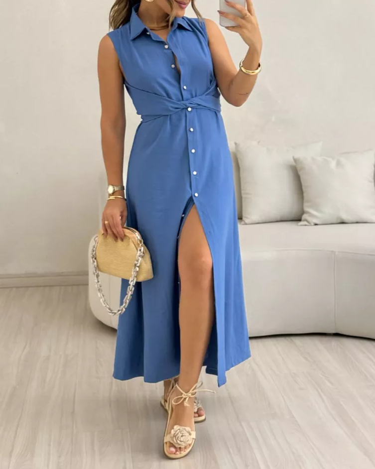 V-Neck Sleeveless Solid Color Waist Dres