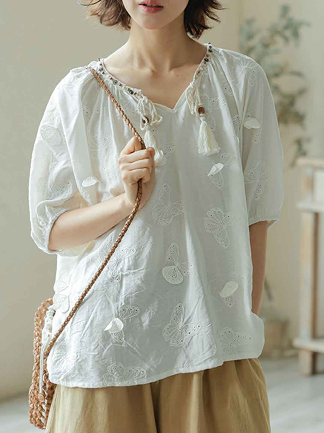 Sophie Elegant V-Neck Butterfly Embroidered Top