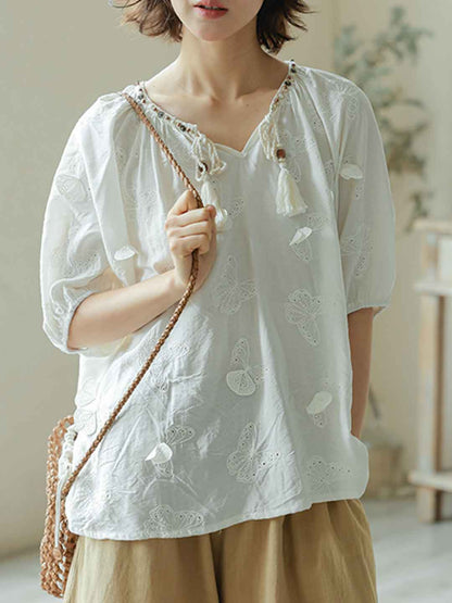 Sophie Elegant V-Neck Butterfly Embroidered Top