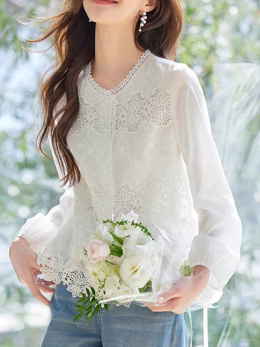 Valeria Retro Crew Neck Solid Color Lace Shirt
