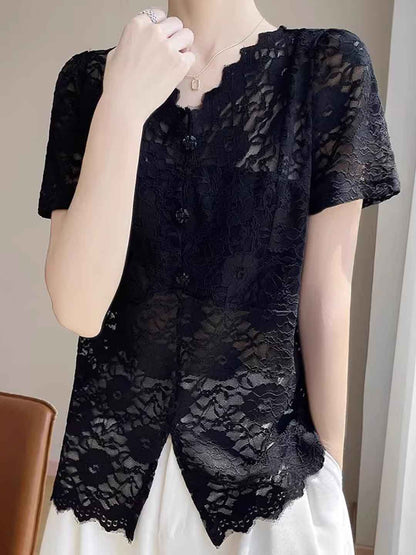 Valeria Classic V-Neck Solid Color Hollowed Lace Top