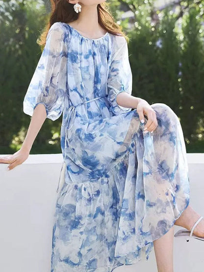 Zoey Vacation Crew Neck Lantern Sleeve Floral Printed Dress