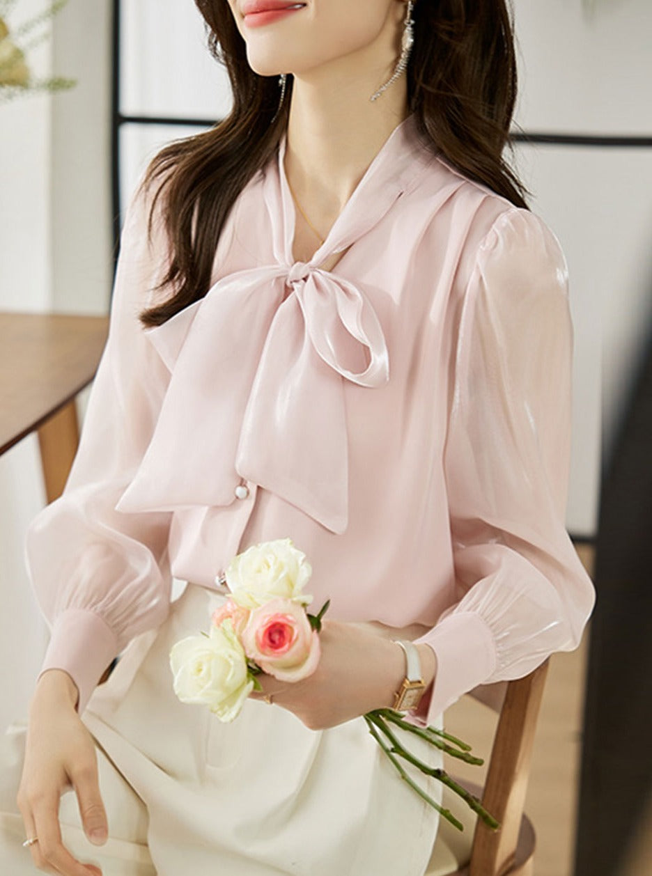 Taylor Retro Single-Breasted Chiffon Shirt-Pink