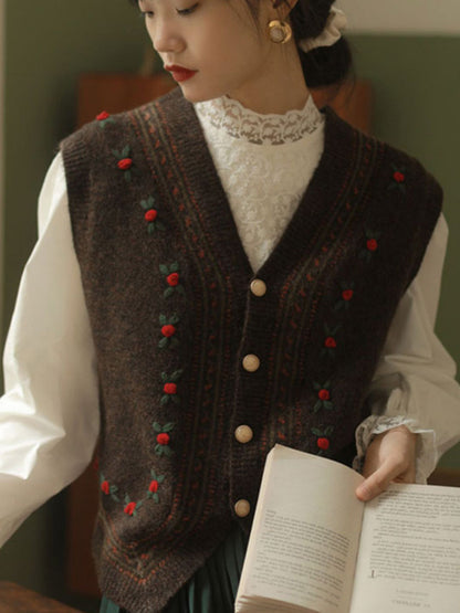 Daisy Vintage Embroidery V-Neck Knitted Vest