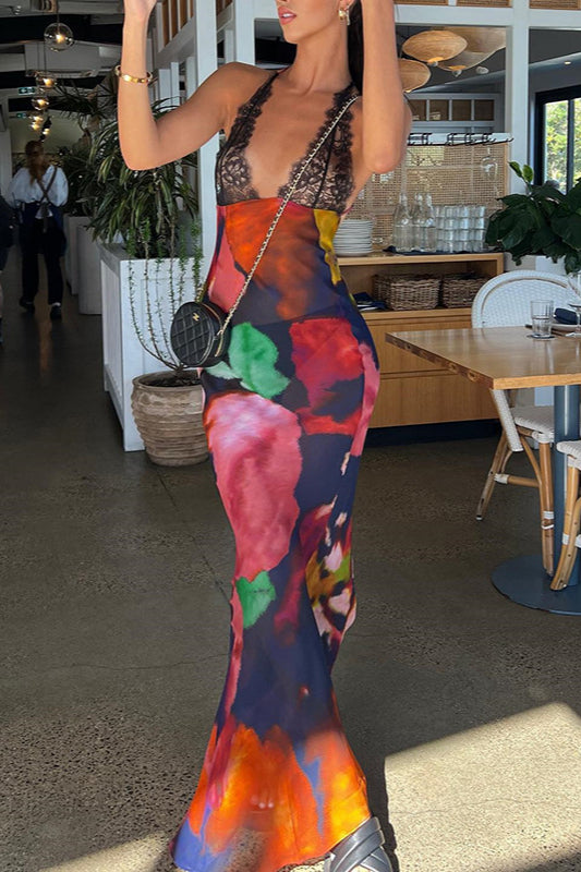 Lace Print Deep V Backless Cami Maxi Dress