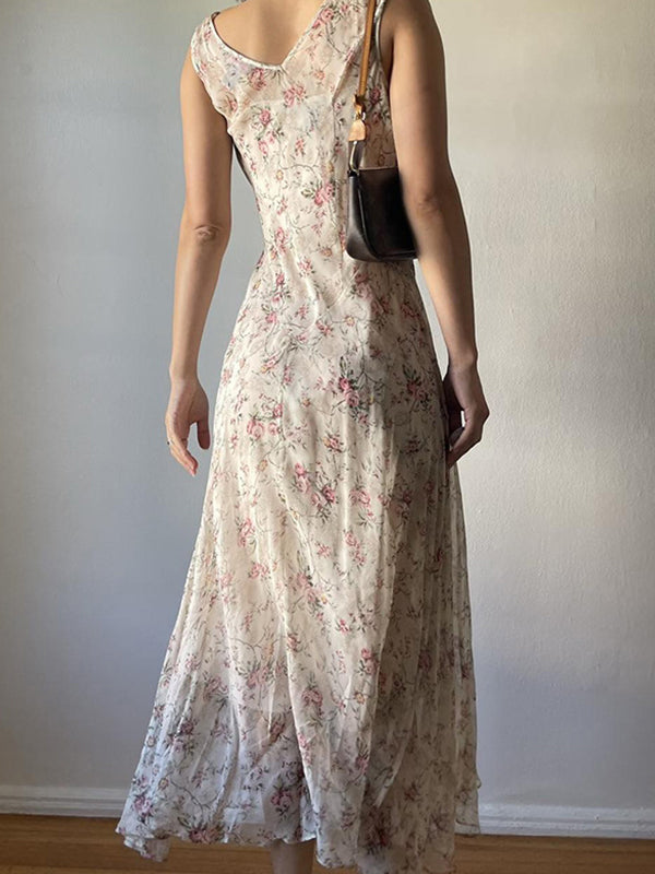 Beige Y2k Floral Irregular Holiday Style Maxi Dress