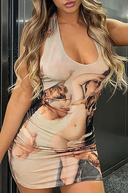 Printed Halter Backless Bodycon Mini Dress