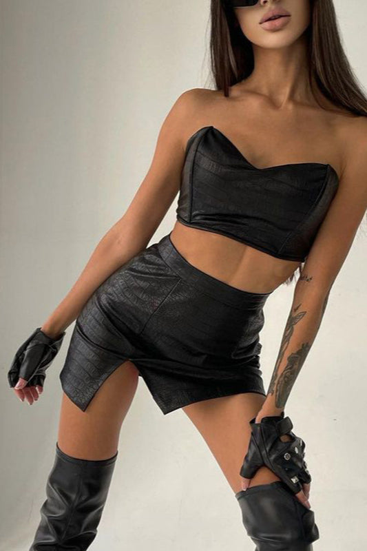 Sexy PU Crop Top High-Waisted Slit Skirt Two Pieces Set