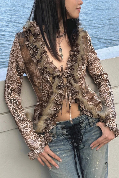 Harajuku Leopard Fur V-Neck Blouse