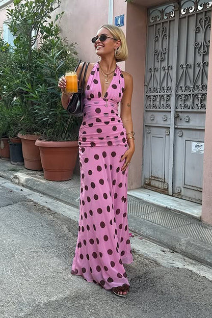 Polka Dot Halter V-Neck Color Block Bodycon Maxi Dress