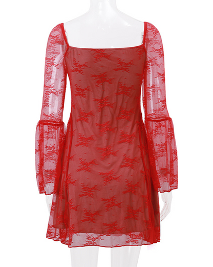 Lace-Up Lace Long-Sleeved Dress