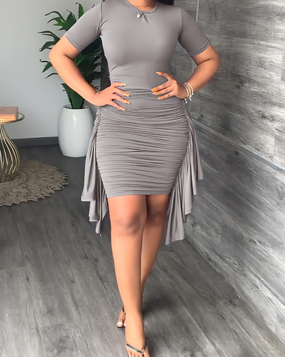 Irregular Ruffled Fitted Pleated Dress