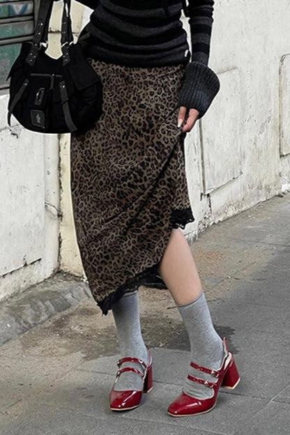 Lace Trim Leopard Patchwork Skirt