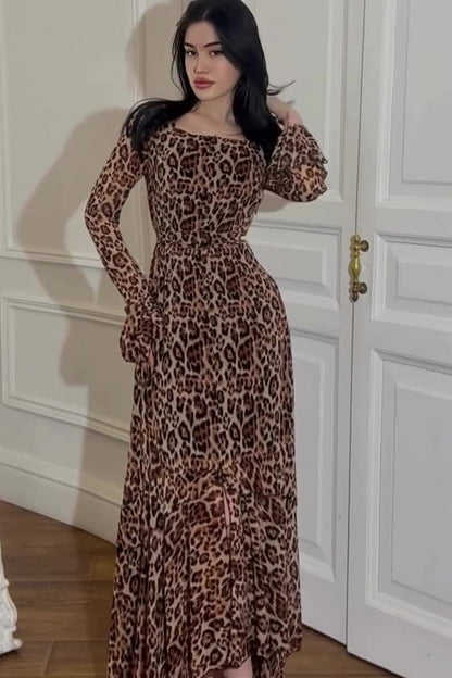 Asymmetrical Leopard Chiffon Panel Maxi Dress