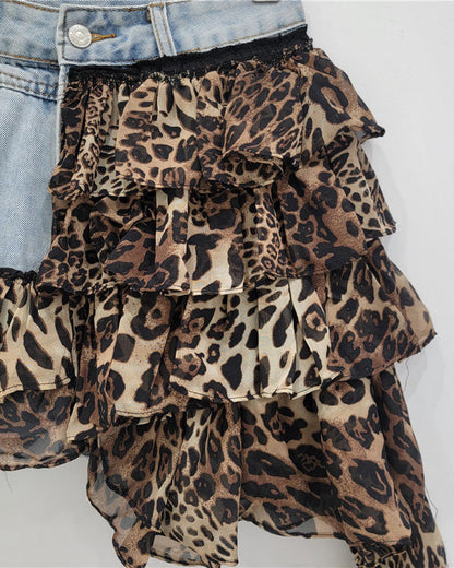 Denim Patchwork Short Irregular Chiffon Cake Skirt