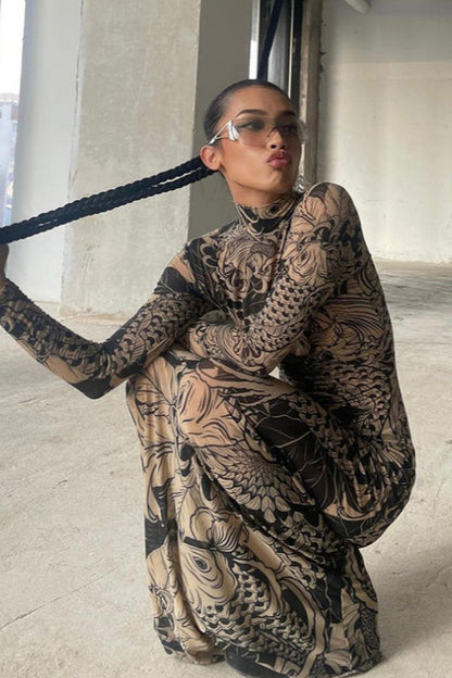 Sheer Floral Mesh High Neck Bodycon Dress