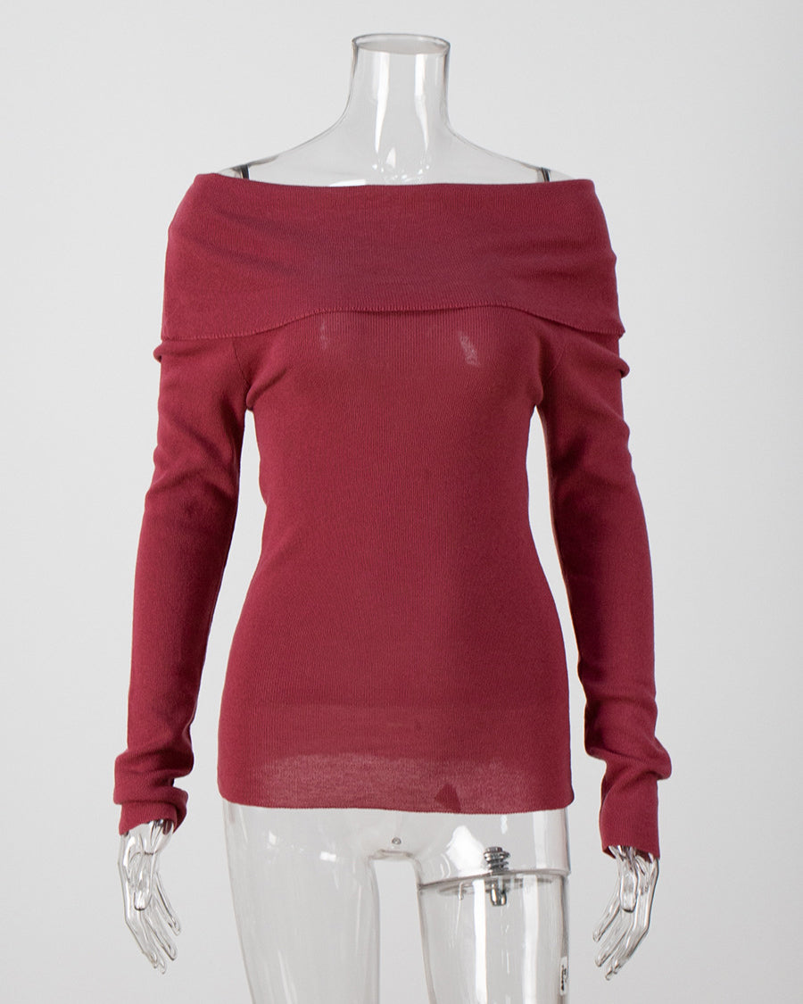 Off-The-Shoulder Bateau Neck Long-Sleeved Sweater