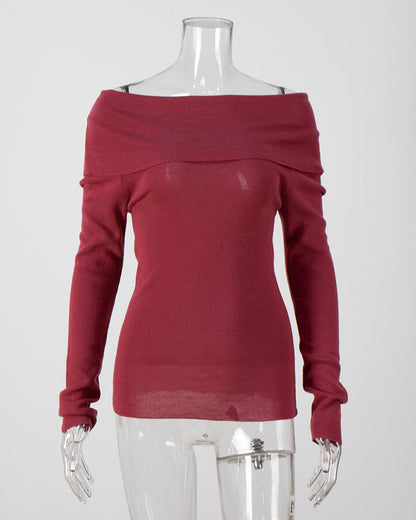 Off-The-Shoulder Bateau Neck Long-Sleeved Sweater