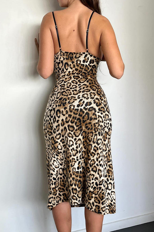 Leopard Lace Trim Cami Midi Dress