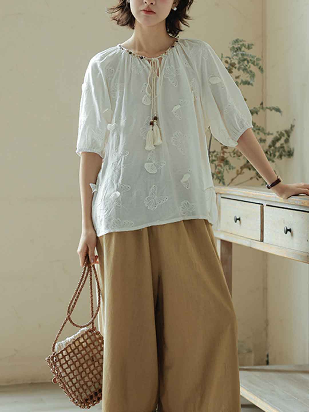 Sophie Elegant V-Neck Butterfly Embroidered Top