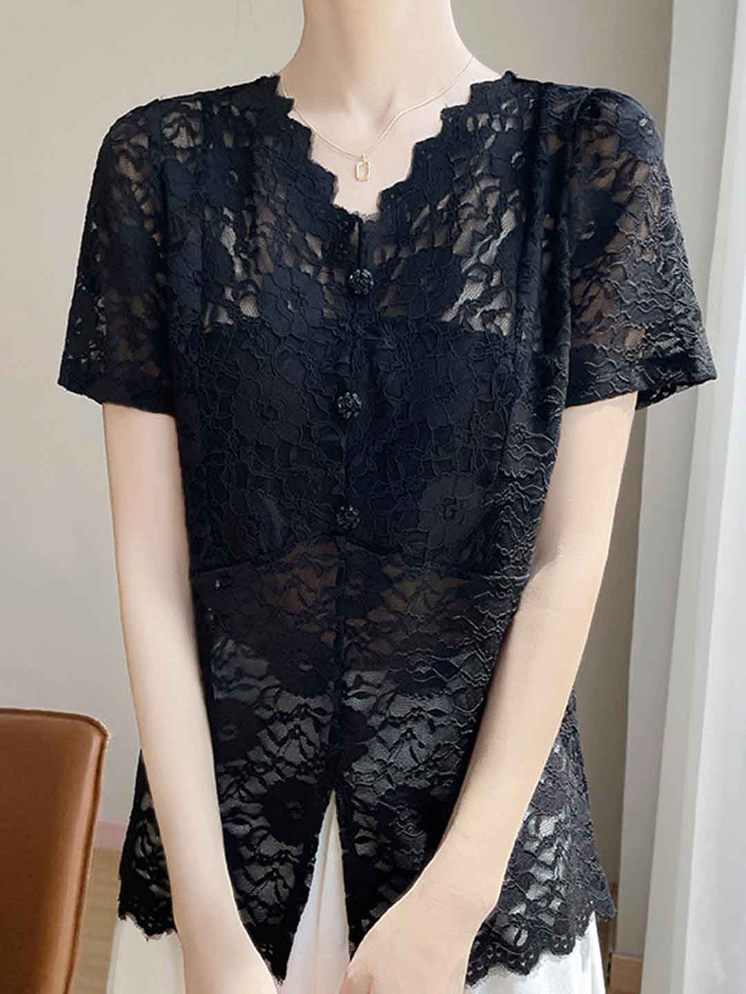 Valeria Classic V-Neck Solid Color Hollowed Lace Top