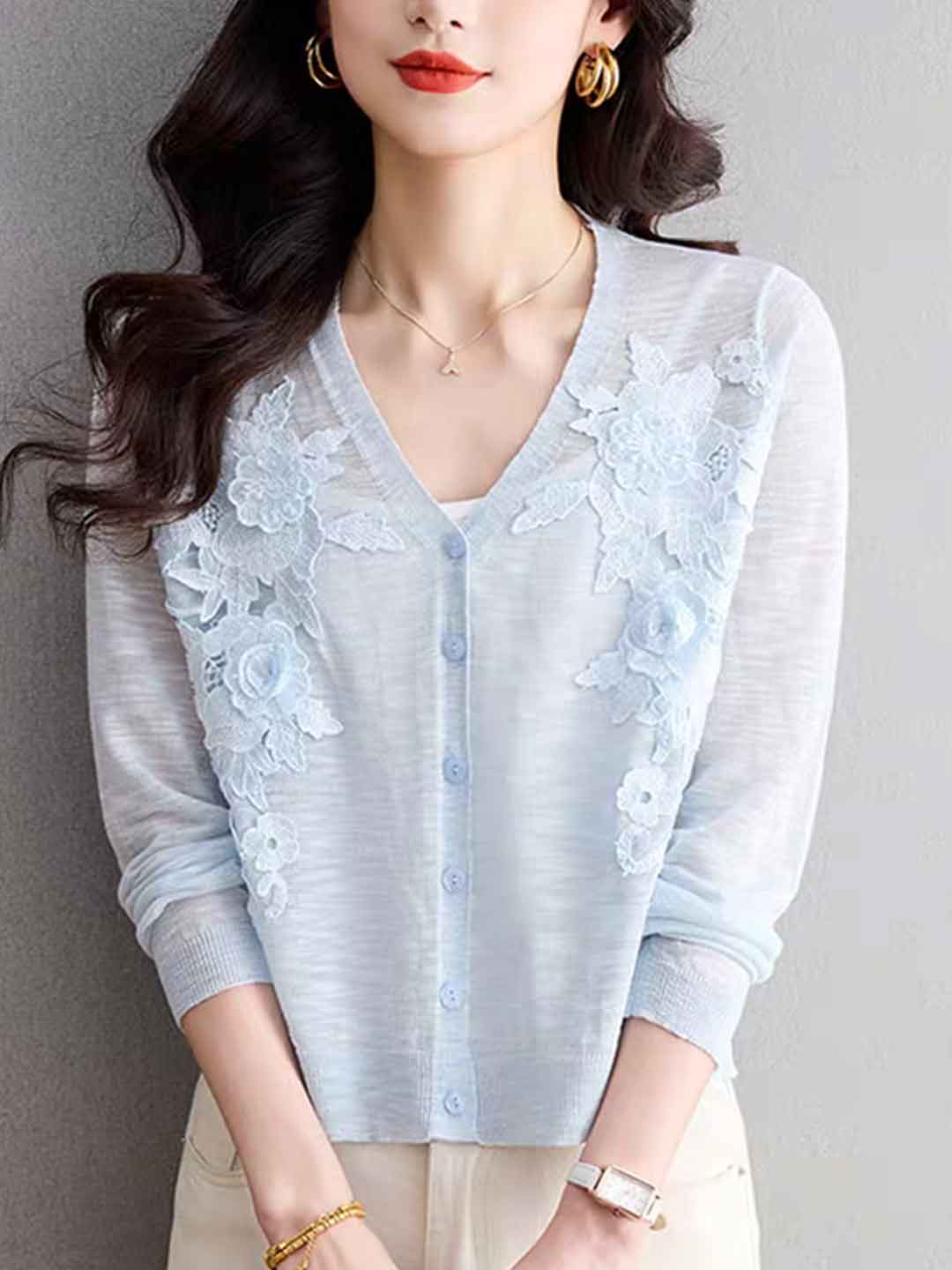 Zoe Elegant V-Neck Hollowed Embroidered Knitted Cardigan