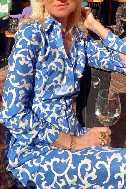 Vestido camisero largo de manga larga con bolsillo y botones de solapa y estampado étnico 