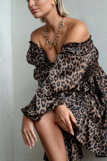 Vestido sexy de corte bajo con estampado de leopardo para mujer
