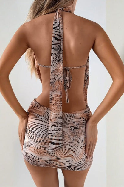 Backless Zebra Halter Cowl Neck Mini Dress