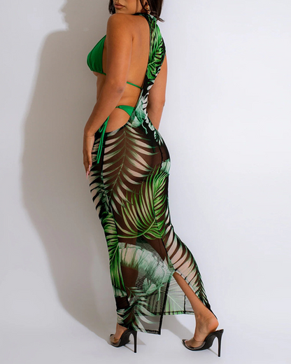 Printed Mesh Maxi Dress Set