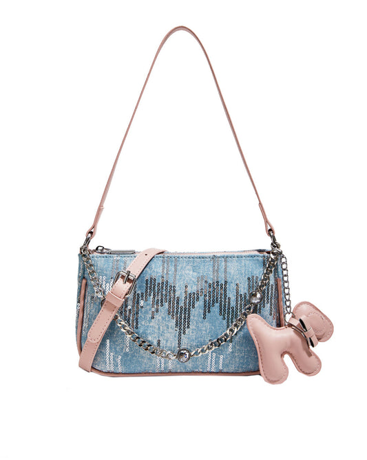 Sequined Denim Handle Underarm Shoulder Bag