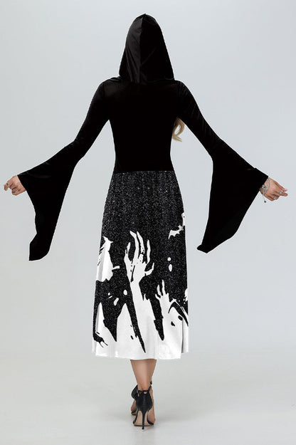 Witch Hooded Skeleton Spider Print Maxi Dress