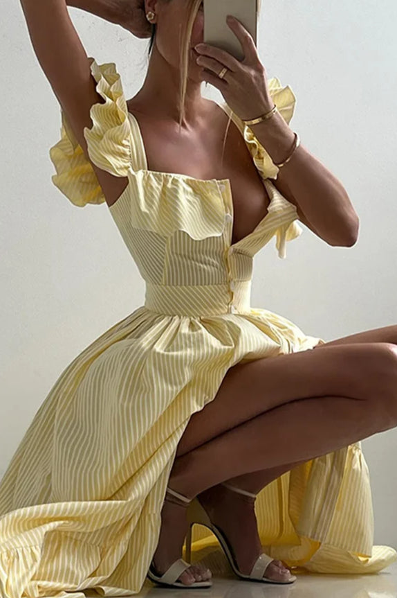 Ruffle Striped Square Collar Floral Dress