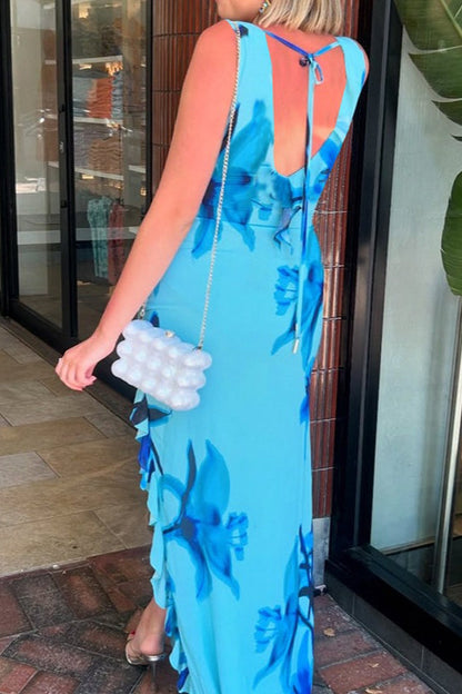 Floral Print V-neck Ruffle Tie Split Maxi Dress