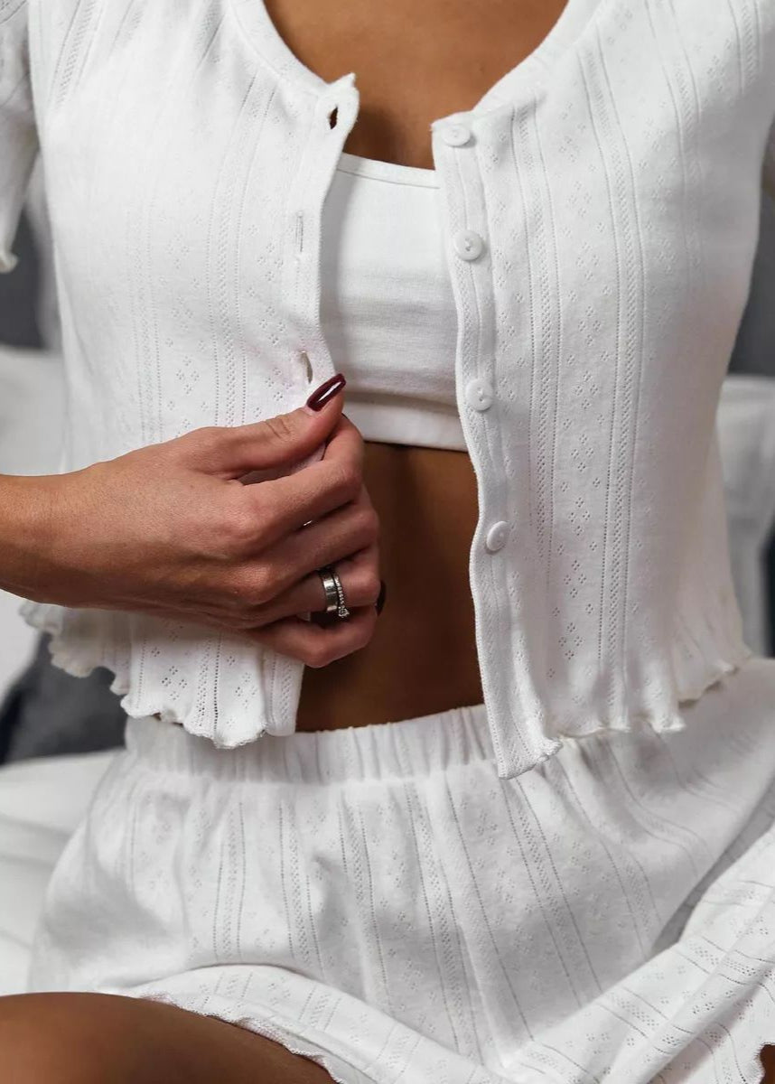 Ruffle Trim Two-Piece Lounge Set – Short Sleeve Top & Shorts