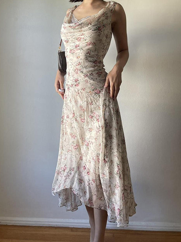 Beige Y2k Floral Irregular Holiday Style Maxi Dress