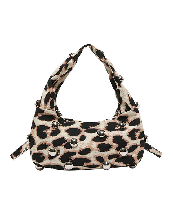 Leopard Print Retro Punk Style Studded Shoulder Bag